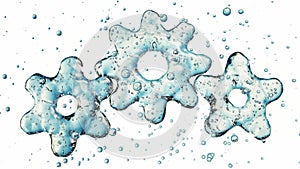 Three 3d gears made of water. 3d illustration, isolated on white background