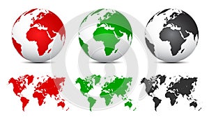 Three 3D Globes with World Maps - vector