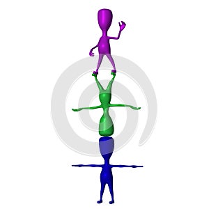 Three 3d puppets standing on eachothers