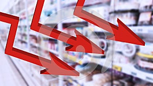 Three 3d red down arrow sign on blur supermarket background. Shelves with dairy products. Food market. Mart. Aisle. Grocery store