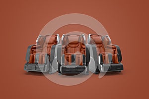 Three 3D rendering brown massage armchair on the isolated brown background