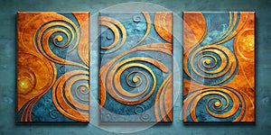 Three abstract geometric swirl wall art panels spiral