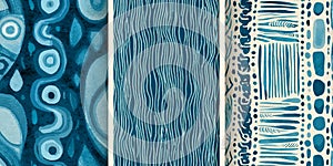Three abstract panels featuring blue and white patterns Generative AI