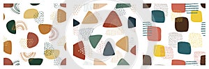 Three abstract seamless patterns. Simple shapes, doodle elements and textures. Set of modern vector illustration.