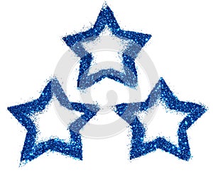 Three abstract stars of blue glitter sparkle on white background for your design