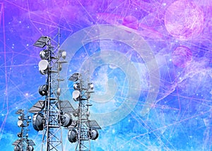 Three abstract telecommunication tower with antenna and satellite dish on outre space background with planets