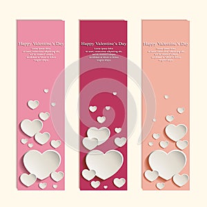 Three abstract Valentine\'s banners in retro style with cute white hearts on a beige background