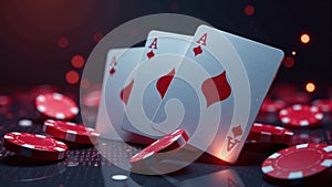 Three Aces With Red Poker Chips