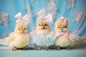 Three adorable baby chicks dressed in pastel tutus and bows stand against a floral backdrop, exuding charm and whimsy.