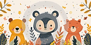 Three adorable cartoon bears frolicking amongst colorful autumn leaves photo