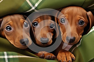 Three adorable dachshund puppies snuggling playfully under a cozy blanket on the bed