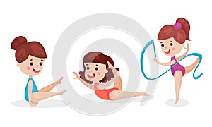 Three Adorable Girls Doing Gymnastic And Stretching Exercises Vector Illustration Set Isolated On White Background