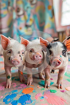 Three Adorable Piglets with Painted Markings Standing on Colorful Artistic Backdrop