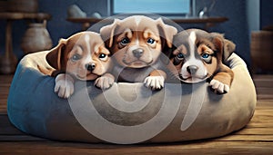 Three adorable puppies on a puppy bed