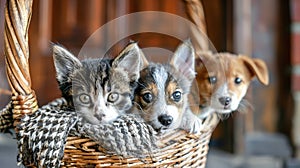 Three adorable puppies of various breeds sit together in a cozy basket, looking out with curiosity and innocence