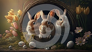 Three adorable rabbits in a forest next to a wicker basket filled with Easter eggs - Generative AI