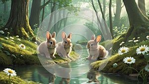 Three Adorable Baby Rabbits by the Forest Stream