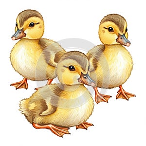 Three Adorable Yellow Ducklings on White Background