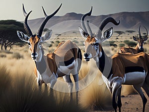 Three African antelopes grazing in the savannah