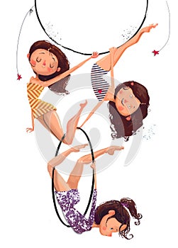 Three air gymnasts cartoon girls with hoop