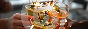 Three alcoholic cocktail with fruit pieces, mint and sparklers close up.