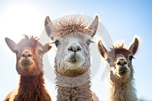 three alpacas side by side under midday sun