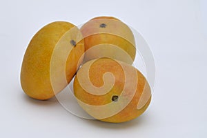 Three Alphonso mangoes on white