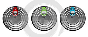 Three aluminium can isolated on white background with red, green and blue opener. Aluminium can background.. Aluminium beverage ca