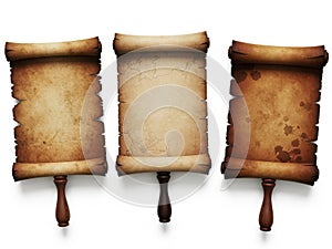 Three ancient scrolls isolated on white background