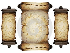 Three ancient scrolls isolated on white background