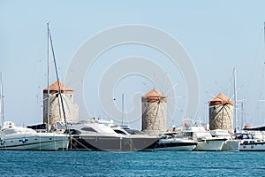 three ancient windmills near the fort of St. Nicholas, view from the embankment