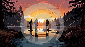 Three Anglers Silhouetted Against a Serene Sunset by the Lake