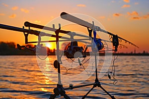 Three angling rods with spinning reels on pod stands