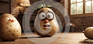Three animated cartoon potatoes with happy faces are standing on a wooden floor