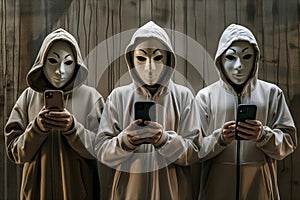 Three anonymous individuals in white masks and hoodies using smartphones