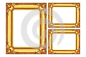 three antique gold wooden frames isolated on white
