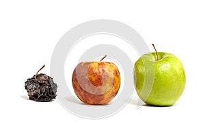 Three apples: fresh, rotting and dead
