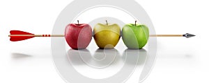 Three apples hit by wooden arrow - 3D illustration