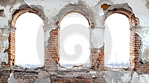 Three Arch Windows in a Crumbling Brick Wall
