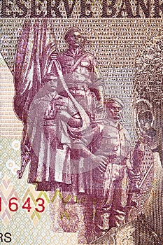 Three armed men with a banner from Zimbabwean money