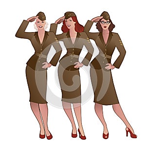 Three army girls in retro style wearing soldiers uniform from the 40s or 50s