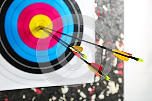 Three arrows in archery target  closeup view