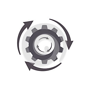 Three arrows around gear wheel sign. Flat cog vector icon of workflow procedure. Business industrial illustration