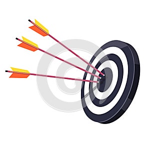 Three arrows stuck in a black and white target.