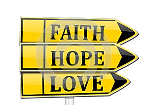 Three arrows with the words faith, hope, love