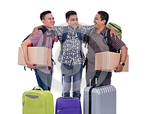 Three asian male going vacation holding suitcase