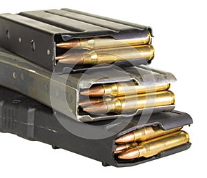 Three assault rifle magazines isolated on white