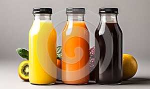 Three assorted fresh fruit juices in glass bottles with black caps on a neutral background, representing healthy dietary