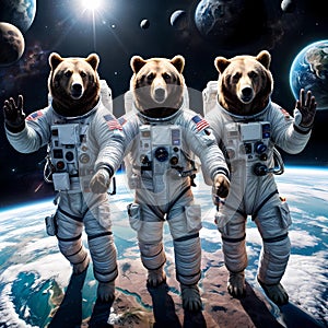 Three astronaut bears in astronaut spacesuits