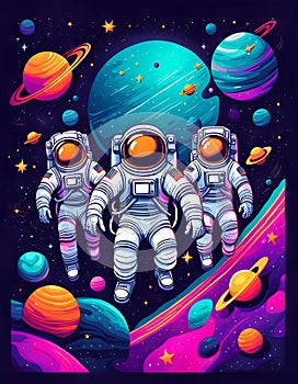 Three astronauts floating in space